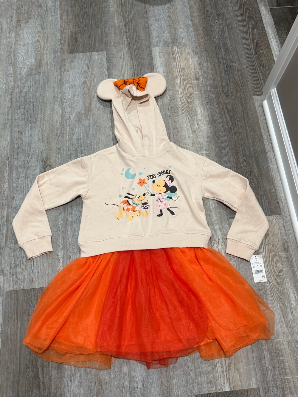 Disney Kids 'Stay Spooky' Minnie & Pluto Halloween Hoodie Dress - Cream & Orange